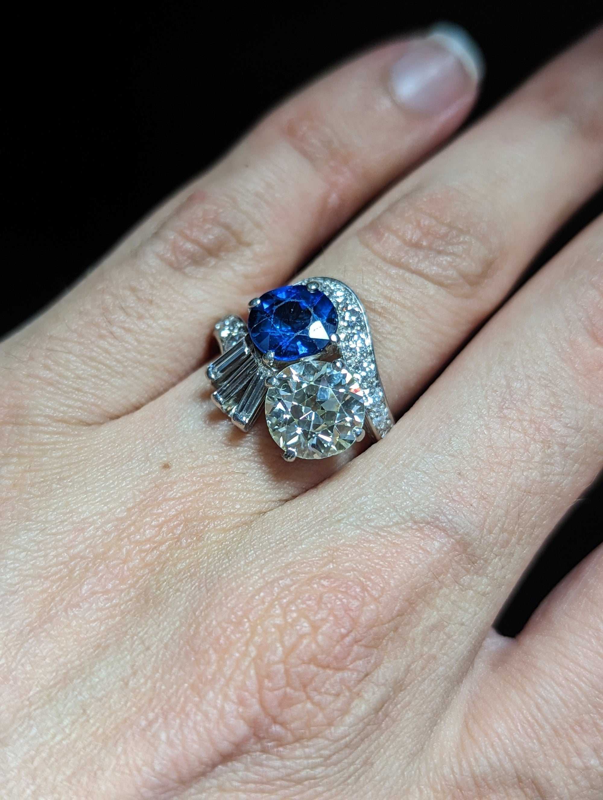 5.5ctw Vintage platinum natural Diamond and Sapphire toi et moi ring