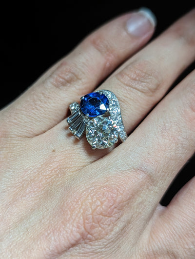 5.5ctw Vintage platinum natural Diamond and Sapphire toi et moi ring
