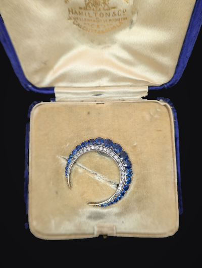 Hamilton and Co original presentation box with sapphire crescent brooch