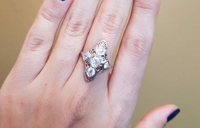0.76CTW VINTAGE NAVETTE STYLE OLD MINE CUT 5 DIAMOND RING - SinCityFinds Jewelry
