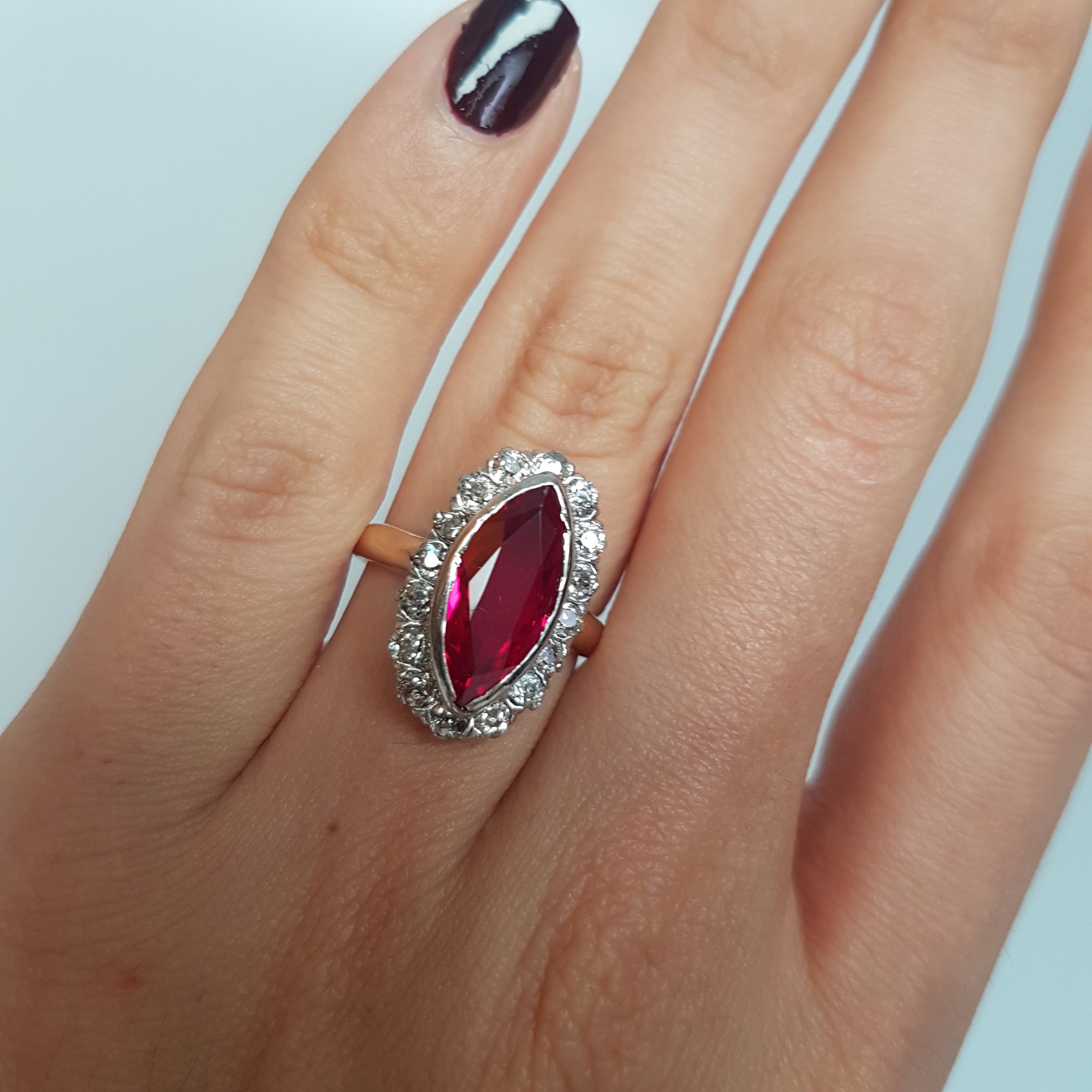 VINTAGE OLD MINE CUT HALO AND SYNTHETIC RUBY RING - SinCityFinds Jewelry