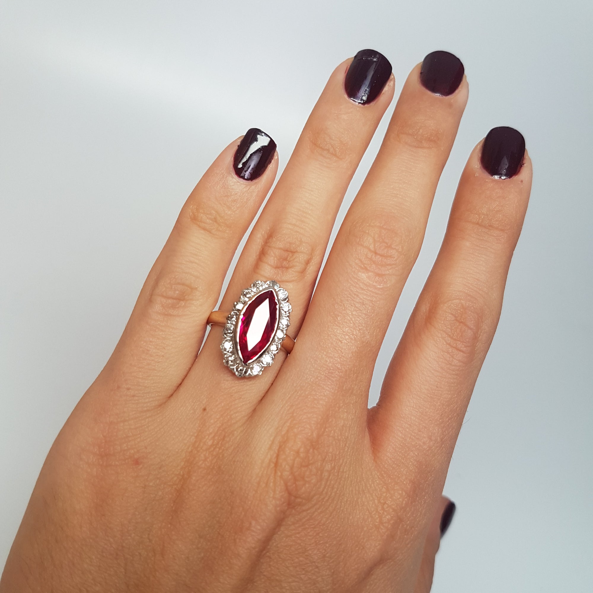 VINTAGE OLD MINE CUT HALO AND SYNTHETIC RUBY RING - SinCityFinds Jewelry
