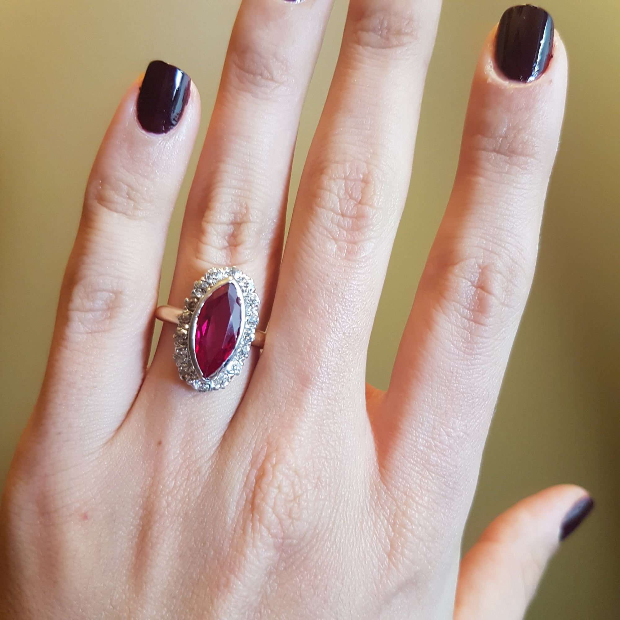 VINTAGE OLD MINE CUT HALO AND SYNTHETIC RUBY RING - SinCityFinds Jewelry