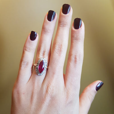 VINTAGE OLD MINE CUT HALO AND SYNTHETIC RUBY RING - SinCityFinds Jewelry
