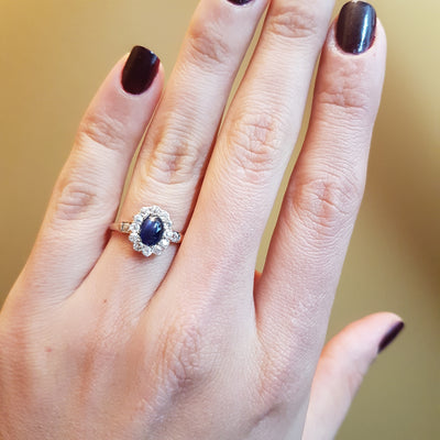 ANTIQUE OLD MINE CUT DIAMOND HALO AND SAPPHIRE RING - SinCityFinds Jewelry