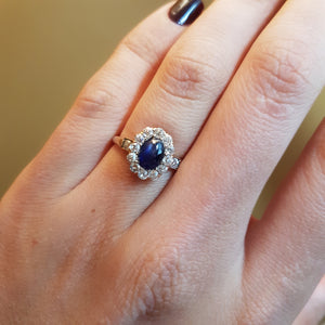 ANTIQUE OLD MINE CUT DIAMOND HALO AND SAPPHIRE RING - SinCityFinds Jewelry