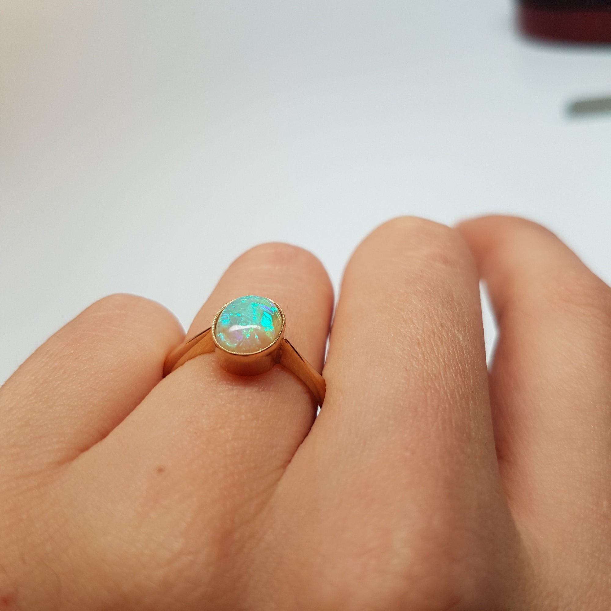 18K YELLOW GOLD AND BEZEL SET OPAL SOLITAIRE RING - SinCityFinds Jewelry