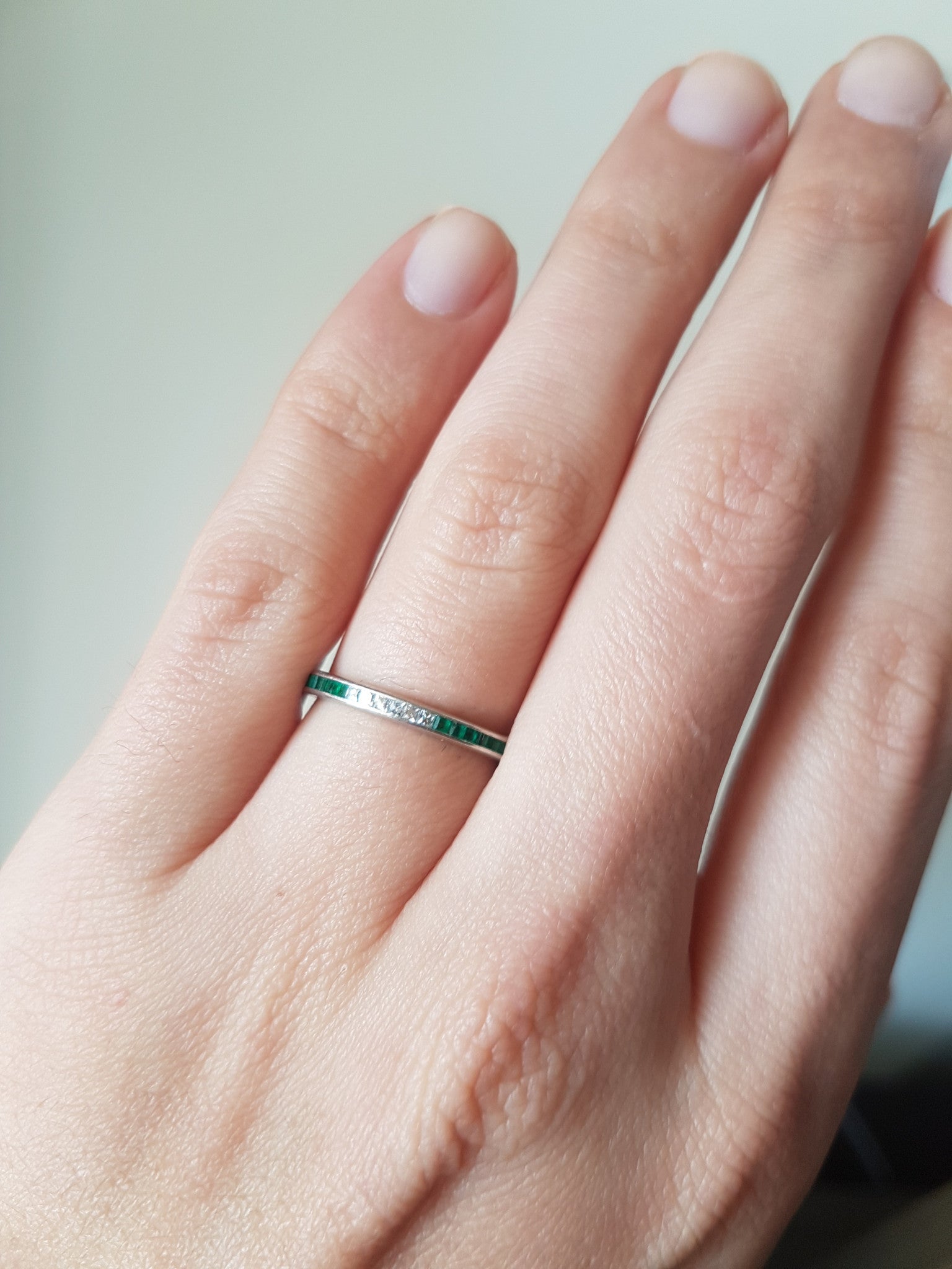 ART DECO FRENCH CUT DIAMOND AND NATURAL EMERALD ETERNITY BAND - SinCityFinds Jewelry