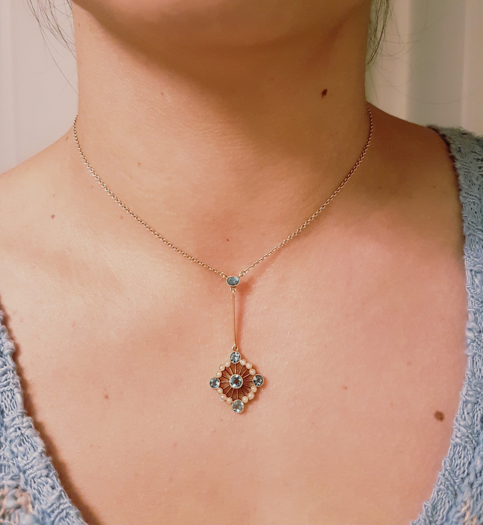1CT AQUAMARINE AND SEED PEARL VICTORIAN / NOUVEAU 15K GOLD NECKLACE - SinCityFinds Jewelry