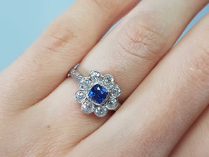 1.33CTW ANTIQUE NATURAL CEYLON SAPPHIRE AND OLD EUROPEAN CUT HALO RING - SinCityFinds Jewelry