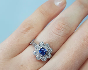 1.33CTW ANTIQUE NATURAL CEYLON SAPPHIRE AND OLD EUROPEAN CUT HALO RING - SinCityFinds Jewelry