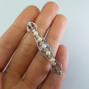 EDWARDIAN PLATINUM DIAMOND AND PEARL BROOCH - SinCityFinds Jewelry