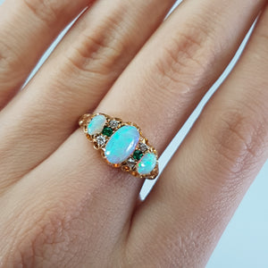 ANTIQUE THREE STONE OPAL, DIAMOND AND EMERALD RING IN YELLOW GOLD - SinCityFinds Jewelry