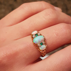 ANTIQUE THREE STONE OPAL, DIAMOND AND EMERALD RING IN YELLOW GOLD - SinCityFinds Jewelry