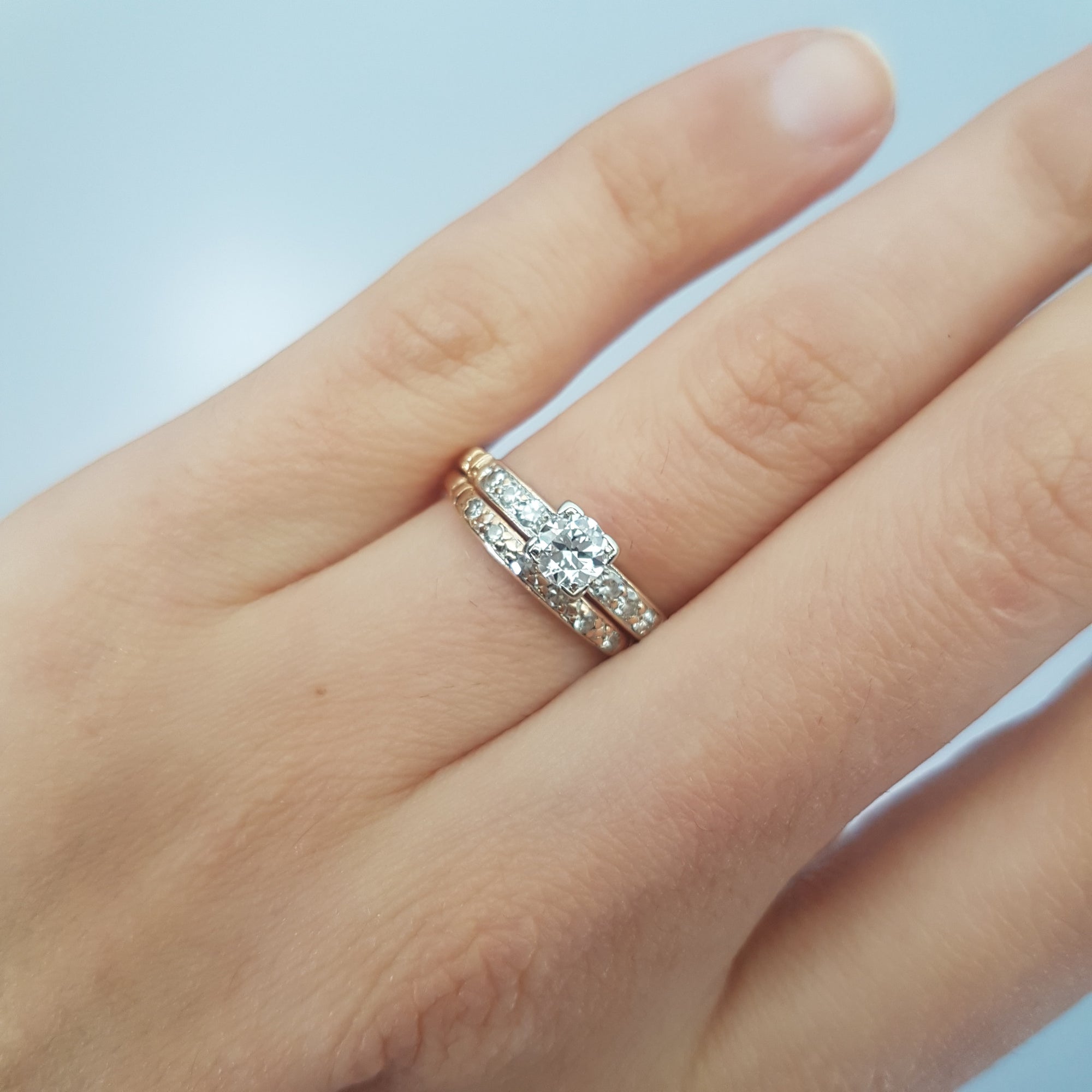 VINTAGE TRAUB ORANGE BLOSSOM TRANSITIONAL CUT DIAMOND WEDDING SET - SinCityFinds Jewelry