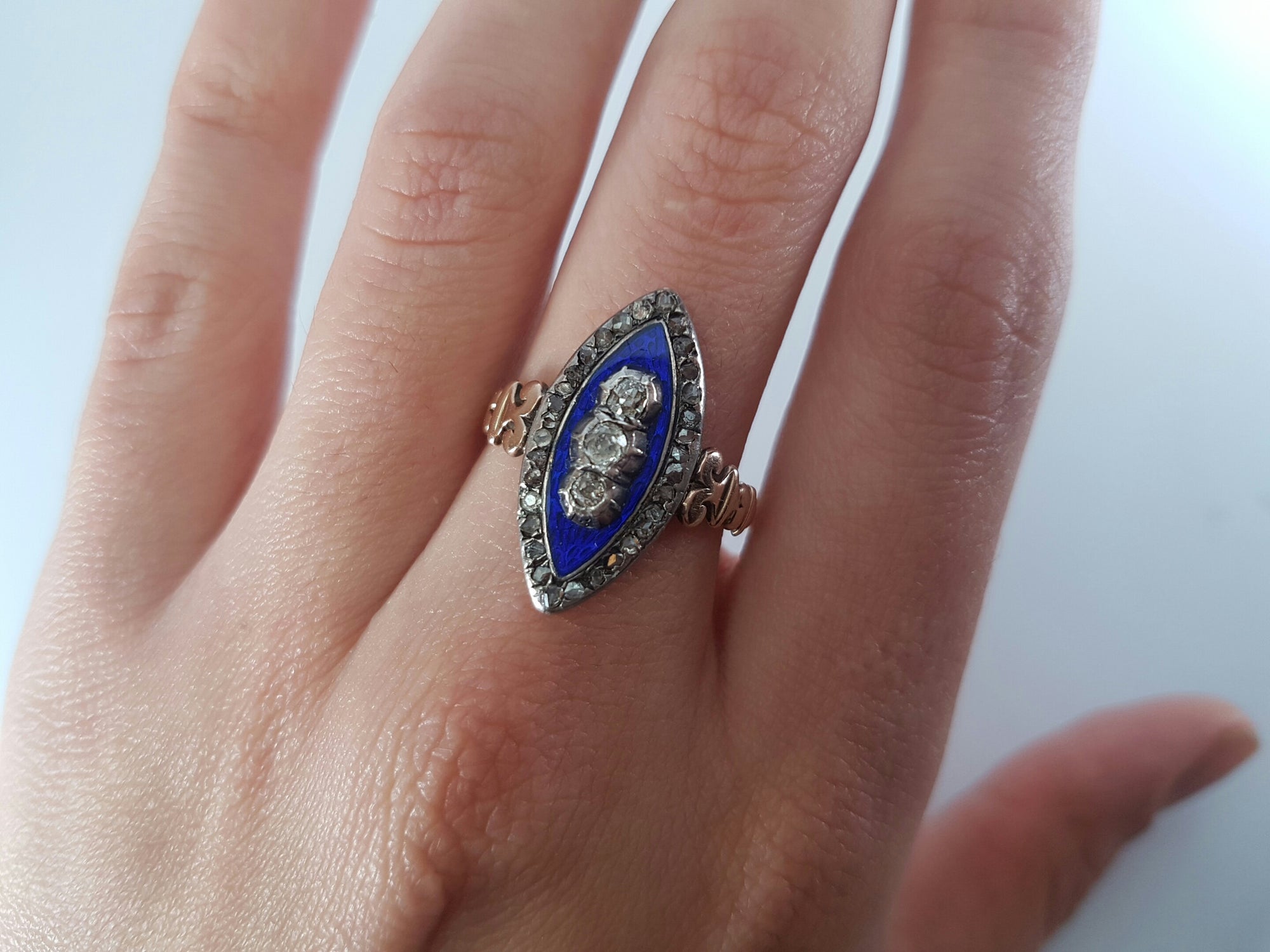 ANTIQUE ENAMEL OLD MINE CUT AND ROSE CUT DIAMOND NAVETTE STYLE RING - SinCityFinds Jewelry