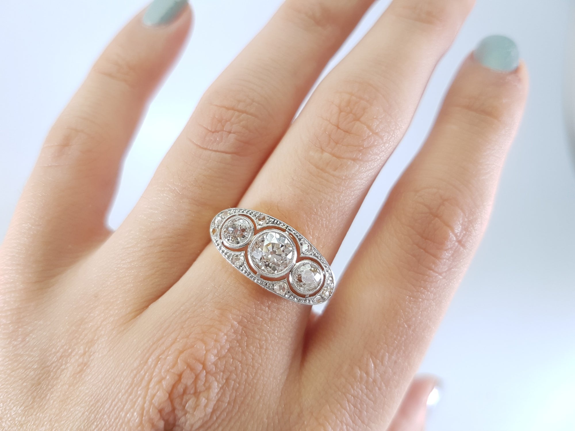 1.69CTW OLD EUROPEAN CUT THREE STONE DIAMOND RING - SinCityFinds Jewelry