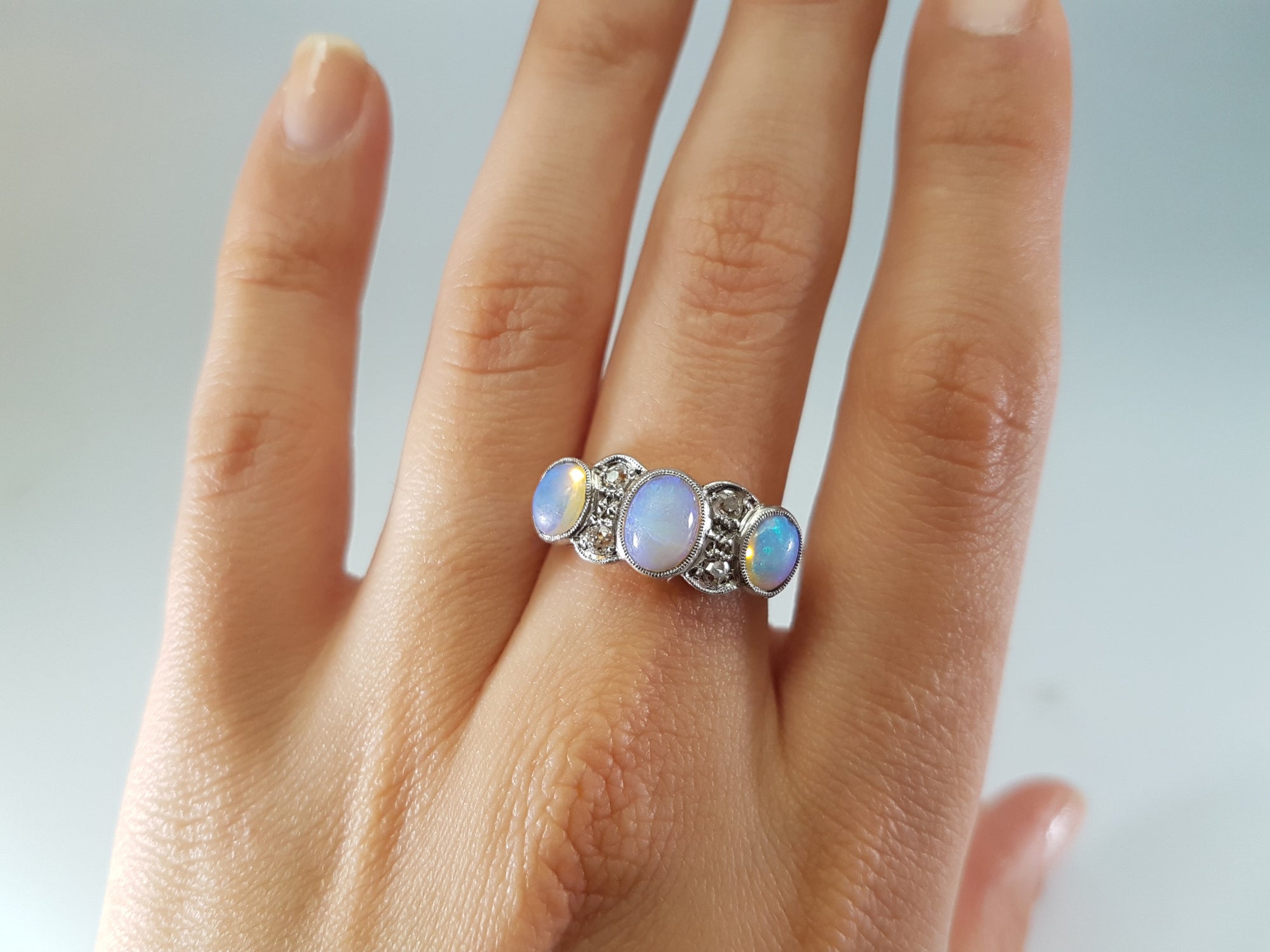 ANTIQUE OPAL AND OLD MINE CUT DIAMOND RING IN GOLD AND PLATINUM - SinCityFinds Jewelry