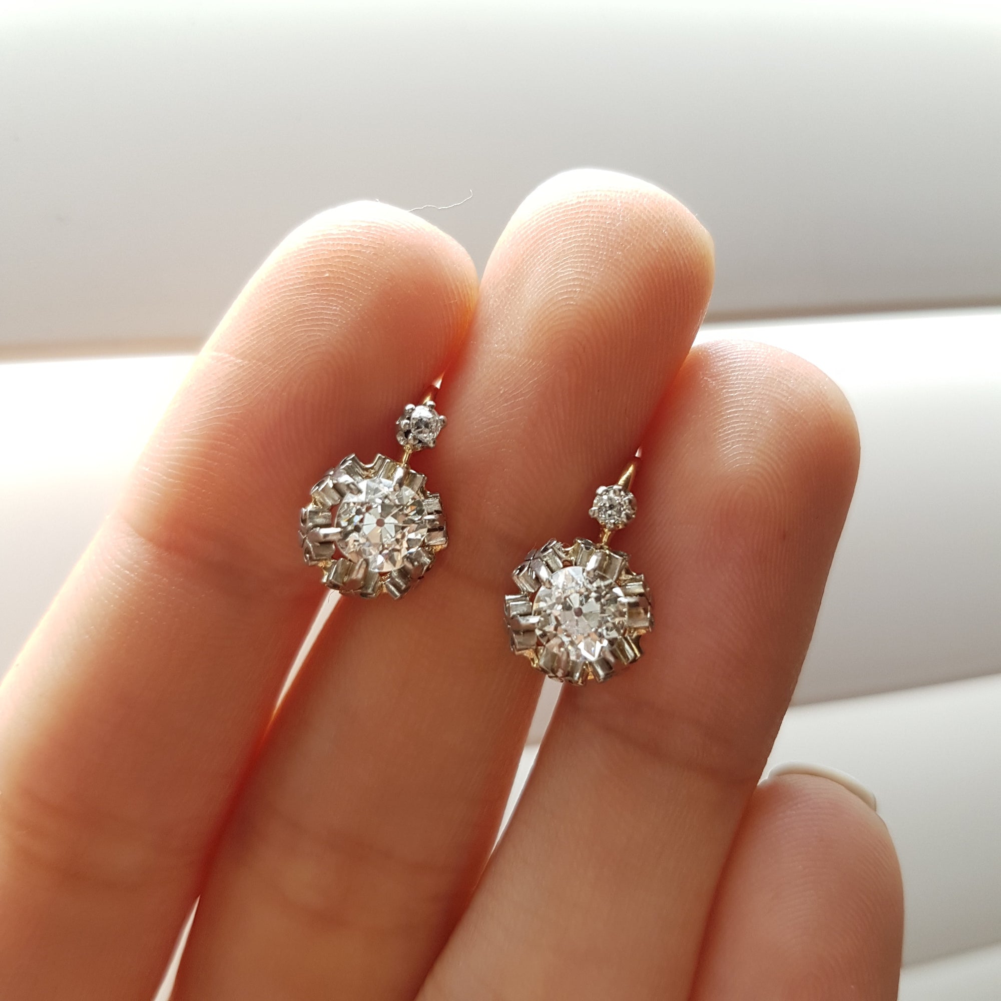 1.45CTW ANTIQUE OLD CUT DIAMOND MIXED METAL DORMEUSES FRENCH EARRINGS - SinCityFinds Jewelry