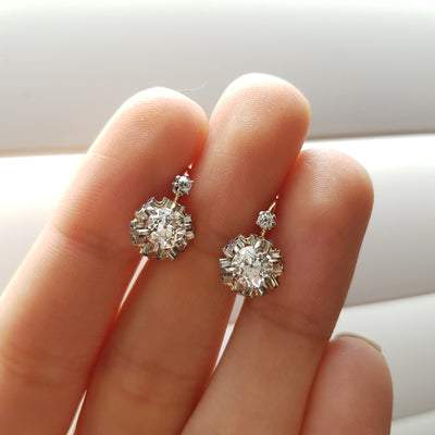 1.45CTW ANTIQUE OLD CUT DIAMOND MIXED METAL DORMEUSES FRENCH EARRINGS - SinCityFinds Jewelry