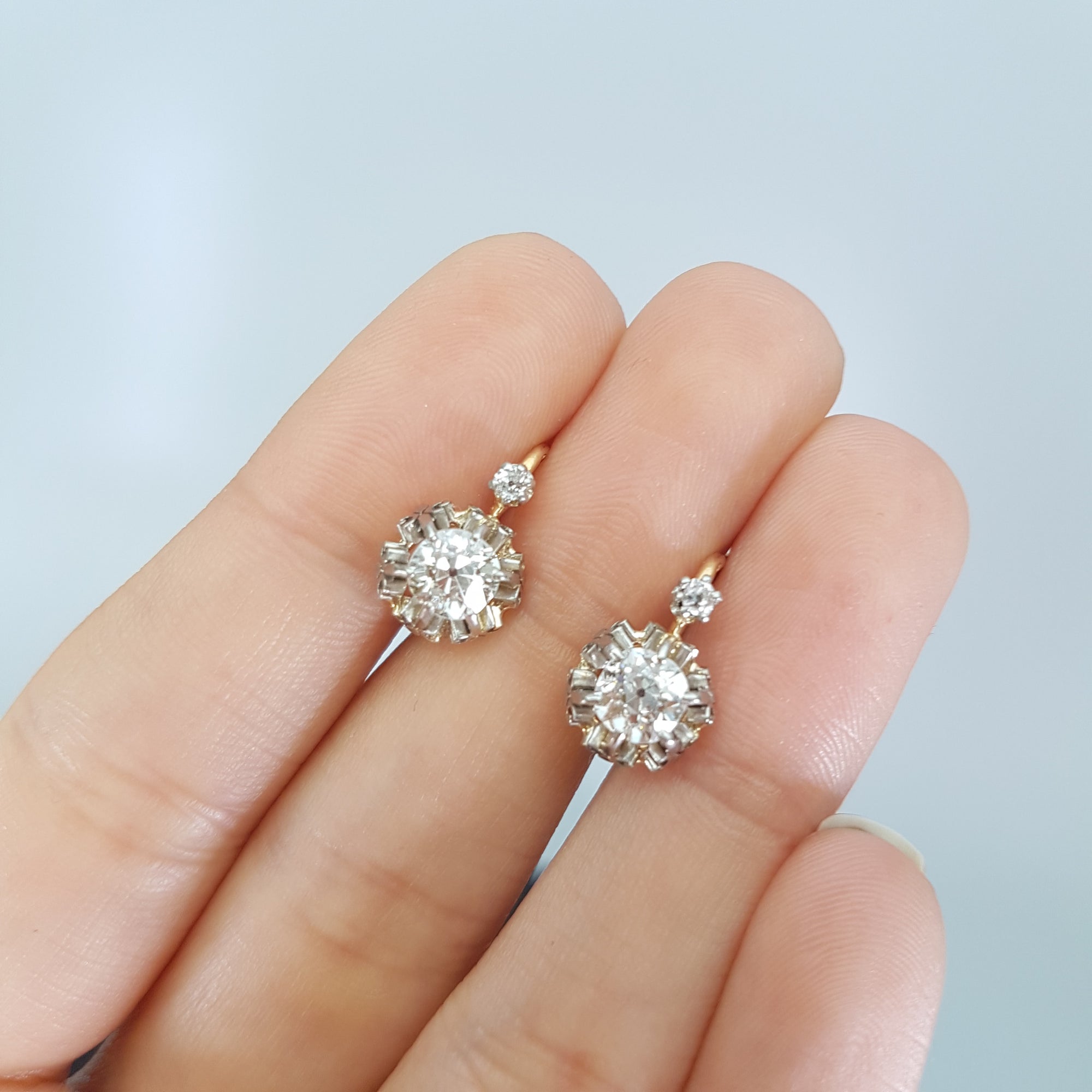 1.45CTW ANTIQUE OLD CUT DIAMOND MIXED METAL DORMEUSES FRENCH EARRINGS - SinCityFinds Jewelry