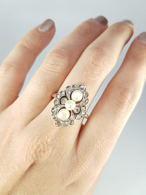 ANTIQUE PEARL AND ROSE CUT DIAMOND RING IN GOLD AND SILVER - SinCityFinds Jewelry