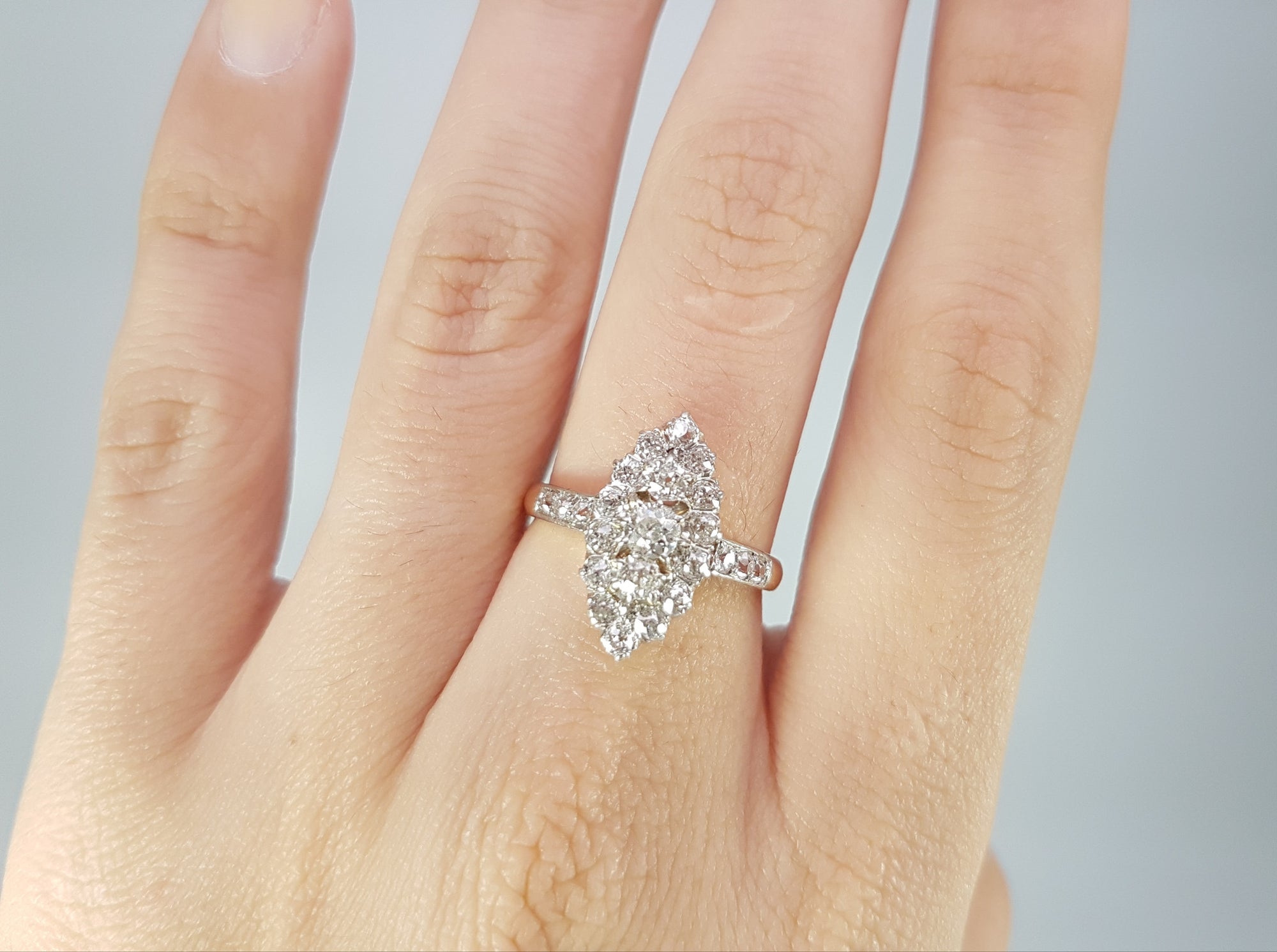 1CTW  ANTIQUE PLATINUM AND GOLD FRENCH NAVETTE DIAMOND RING - SinCityFinds Jewelry