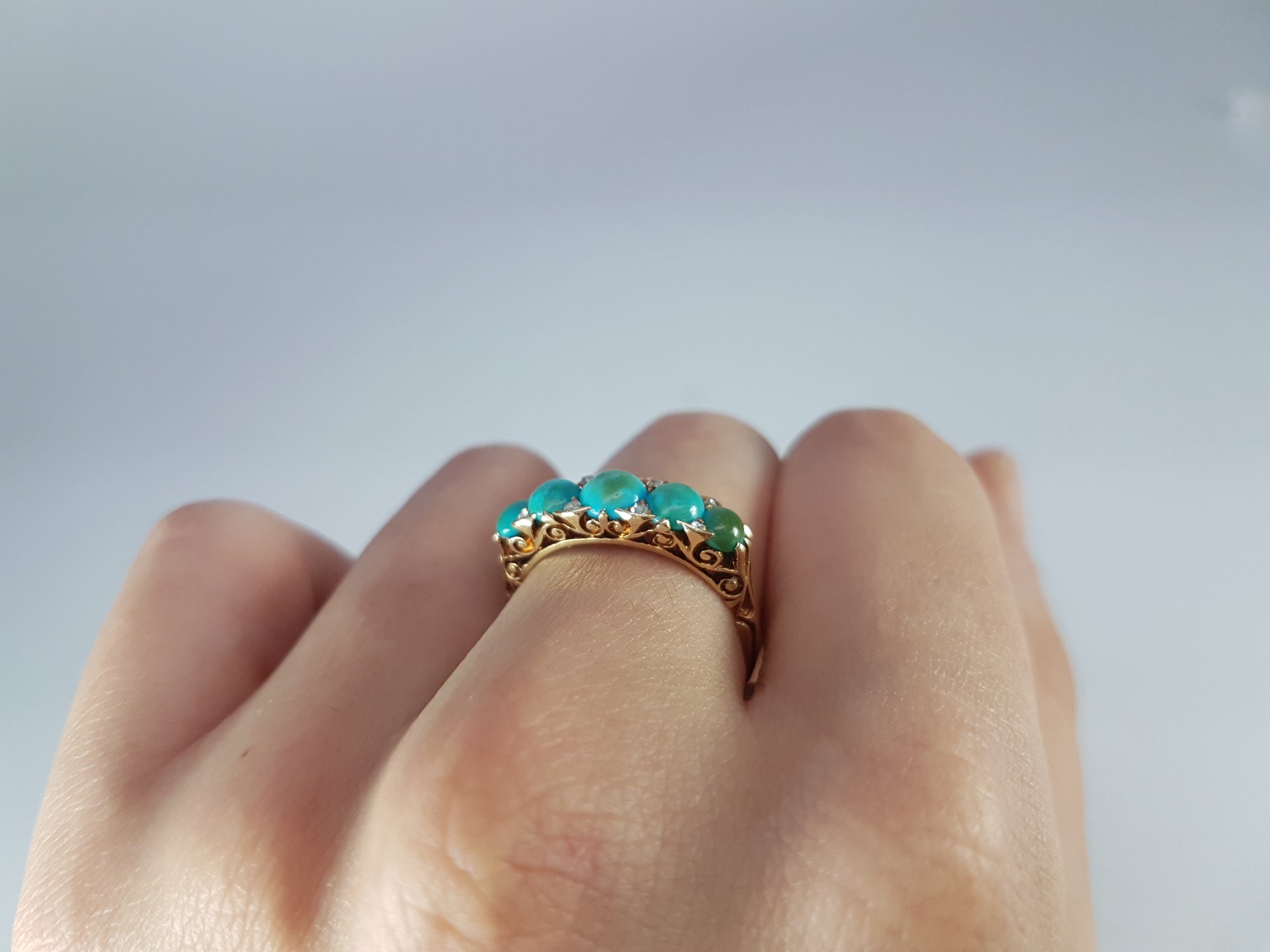 ANTIQUE HALF HOOP TURQUOISE AND DIAMOND  FIVE STONE BAND IN 18K - SinCityFinds Jewelry