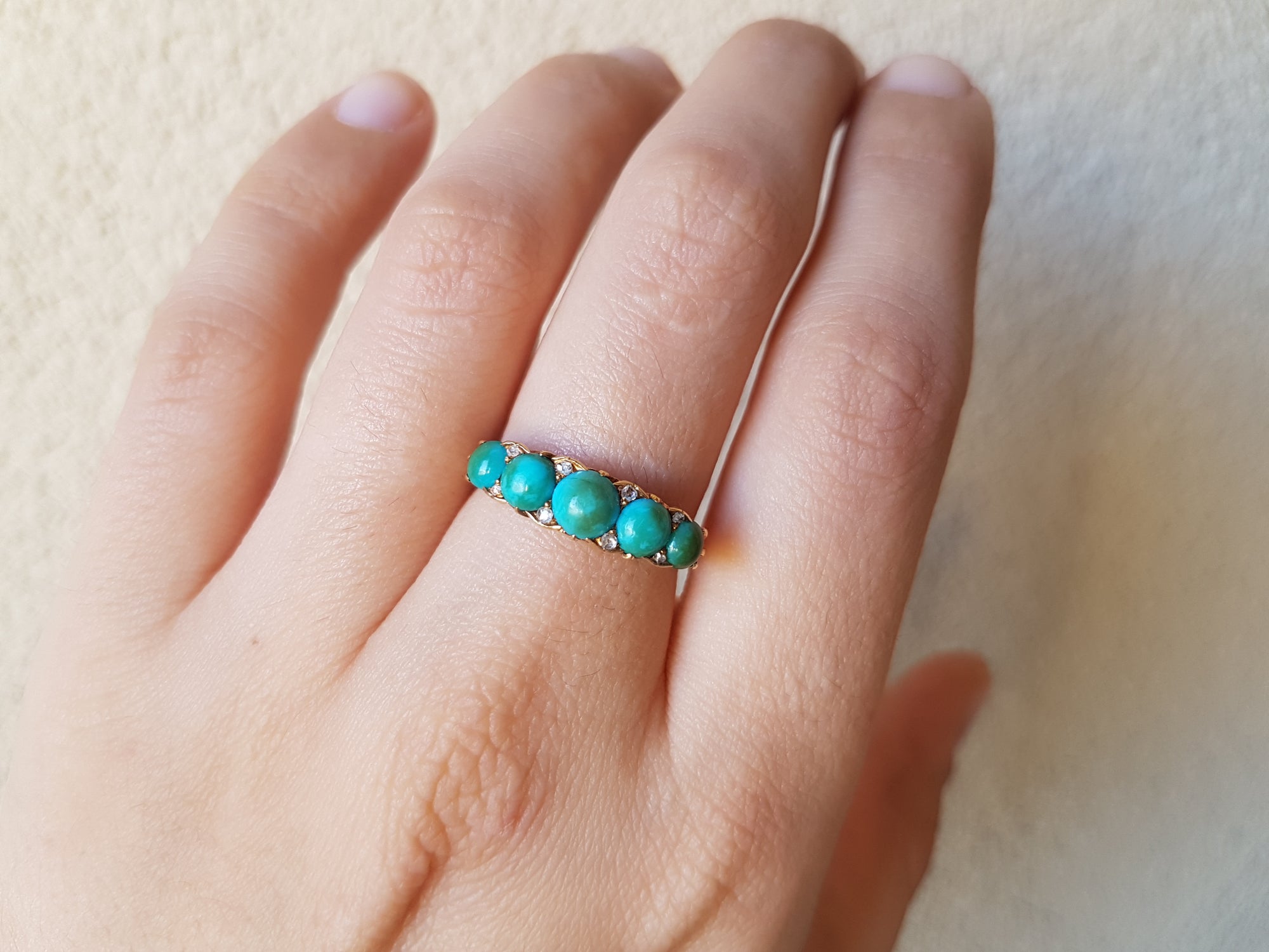 ANTIQUE HALF HOOP TURQUOISE AND DIAMOND  FIVE STONE BAND IN 18K - SinCityFinds Jewelry