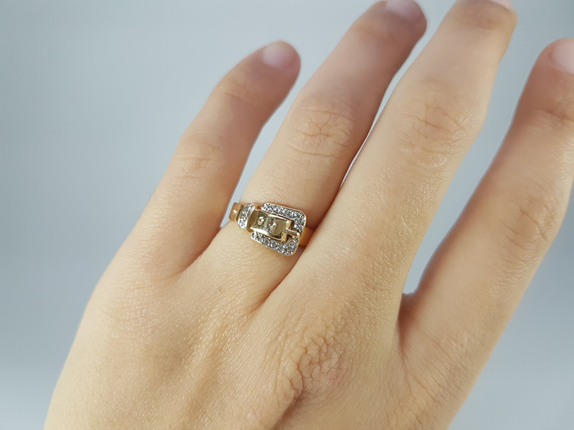 RETRO 14K YELLOW GOLD BUCKLE RING WITH DIAMONDS - SinCityFinds Jewelry