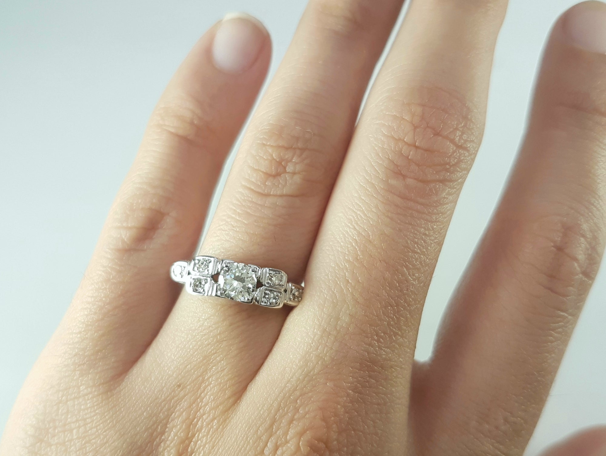 0.57CTW ART DECO TRANSITIONAL CUT DIAMOND RING IN 18K WHITE GOLD - SinCityFinds Jewelry