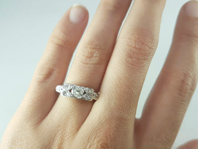 0.57CTW ART DECO TRANSITIONAL CUT DIAMOND RING IN 18K WHITE GOLD - SinCityFinds Jewelry