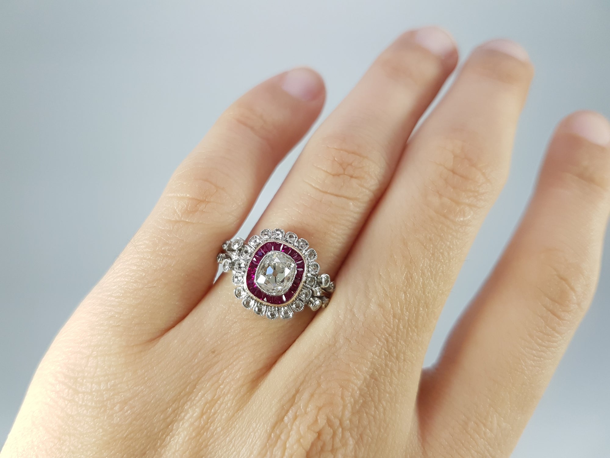 OLD CUSHION CUT DIAMOND AND RUBY HALO RING - SinCityFinds Jewelry