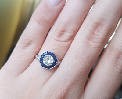 MINE CUT DIAMOND AND FRENCH CUT SAPPHIRE TARGET RING - SinCityFinds Jewelry