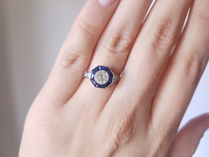 MINE CUT DIAMOND AND FRENCH CUT SAPPHIRE TARGET RING - SinCityFinds Jewelry