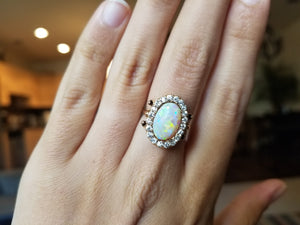 OPAL AND OLD CUT DIAMOND HALO RING - SinCityFinds Jewelry