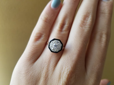 BLACK ENAMEL AND OLD MINE CUT CLUSTER RING - SinCityFinds Jewelry