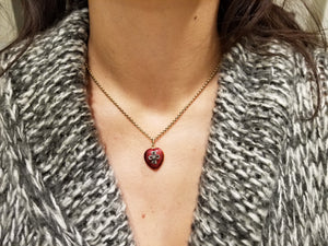 ANTIQUE 18K GOLD  RED ENAMEL HEART WITH DIAMOND BOW LOCKET - SinCityFinds Jewelry