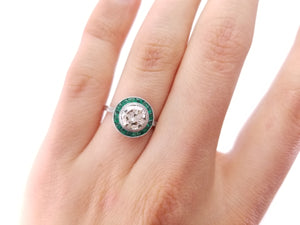 1.05CT CENTER DIAMOND AND EMERALD ART DECO STYLE RING - SinCityFinds Jewelry