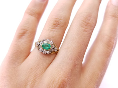 EMERALD AND OLD MINE CUT HALO RING - SinCityFinds Jewelry