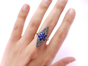 SAPPHIRE AND ROSE CUT DIAMOND NAVETTE RING - SinCityFinds Jewelry