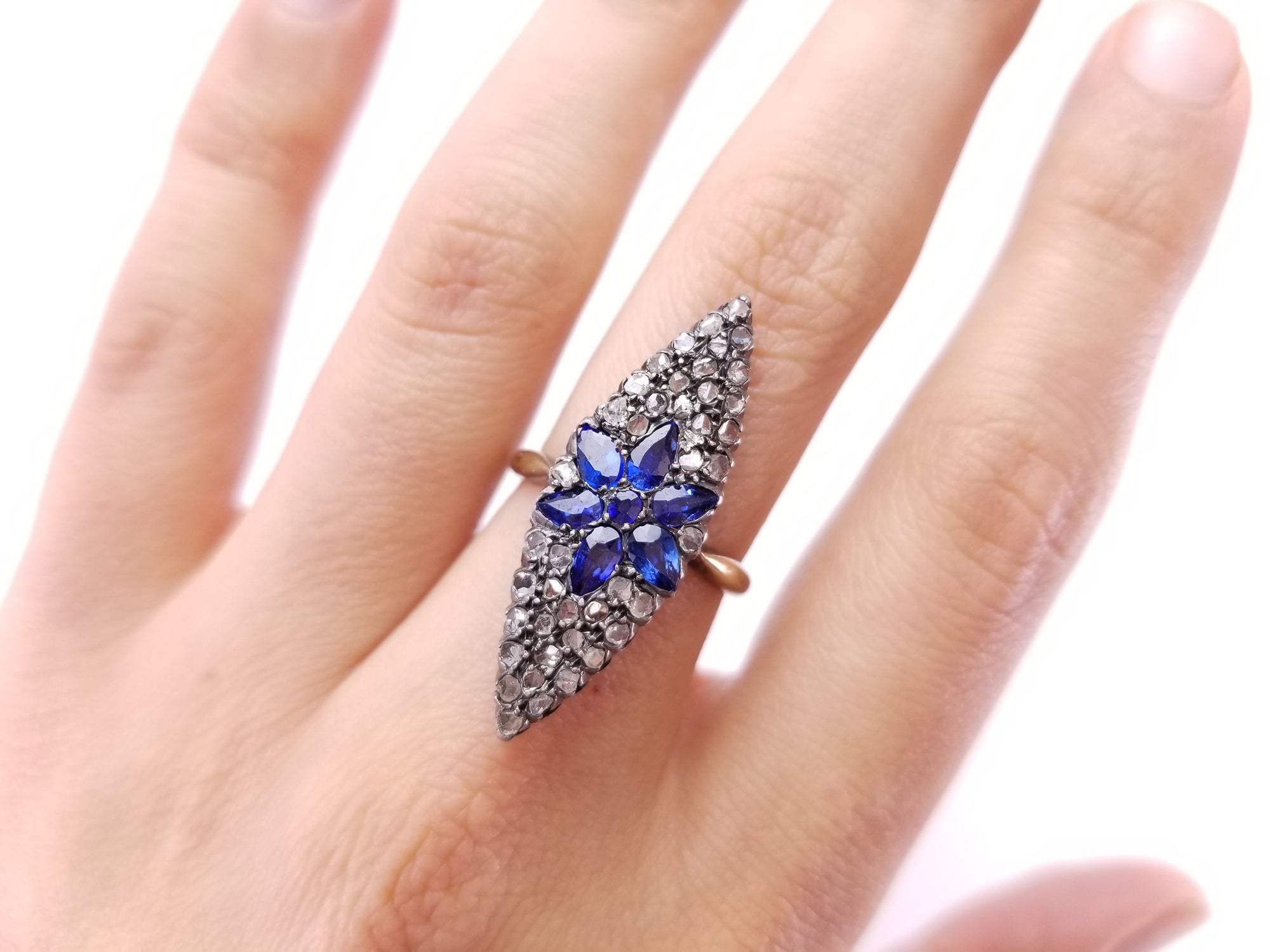 SAPPHIRE AND ROSE CUT DIAMOND NAVETTE RING - SinCityFinds Jewelry