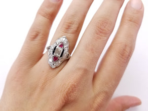 ART DECO RUBY, ONYX AND DIAMOND NAVETTE SHAPED RING - SinCityFinds Jewelry