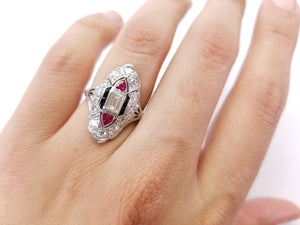 ART DECO RUBY, ONYX AND DIAMOND NAVETTE SHAPED RING - SinCityFinds Jewelry