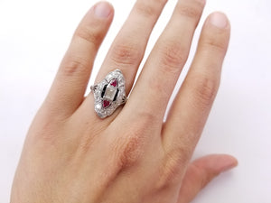 ART DECO RUBY, ONYX AND DIAMOND NAVETTE SHAPED RING - SinCityFinds Jewelry