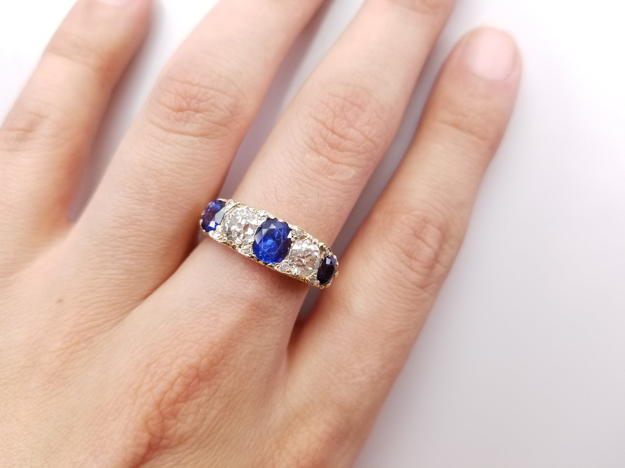 3.58CTW NATURAL SAPPHIRE AND OLD EUROPEAN CUT DIAMOND HALF HOOP FIVE STONE RING - SinCityFinds Jewelry