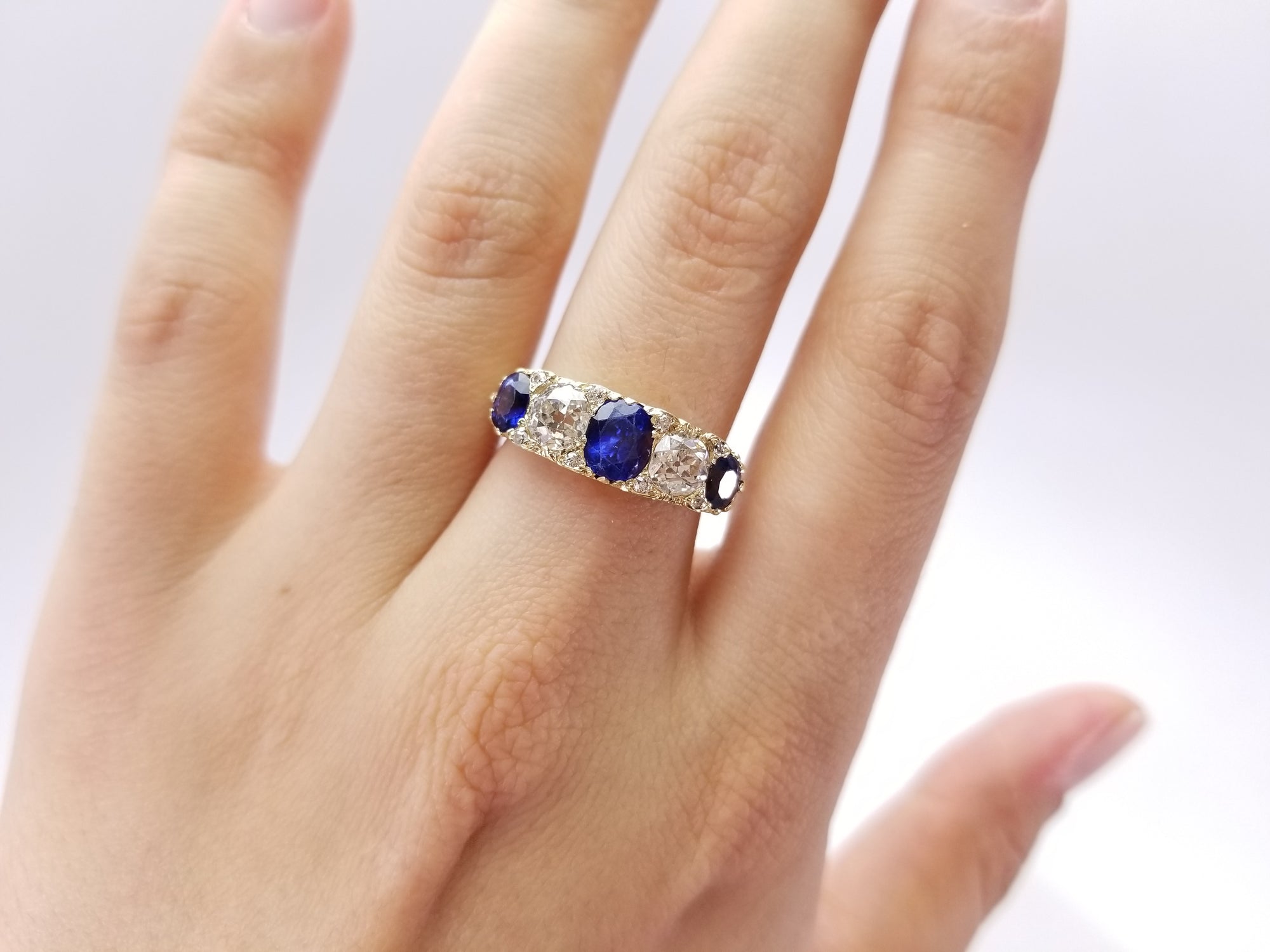 3.58CTW NATURAL SAPPHIRE AND OLD EUROPEAN CUT DIAMOND HALF HOOP FIVE STONE RING - SinCityFinds Jewelry