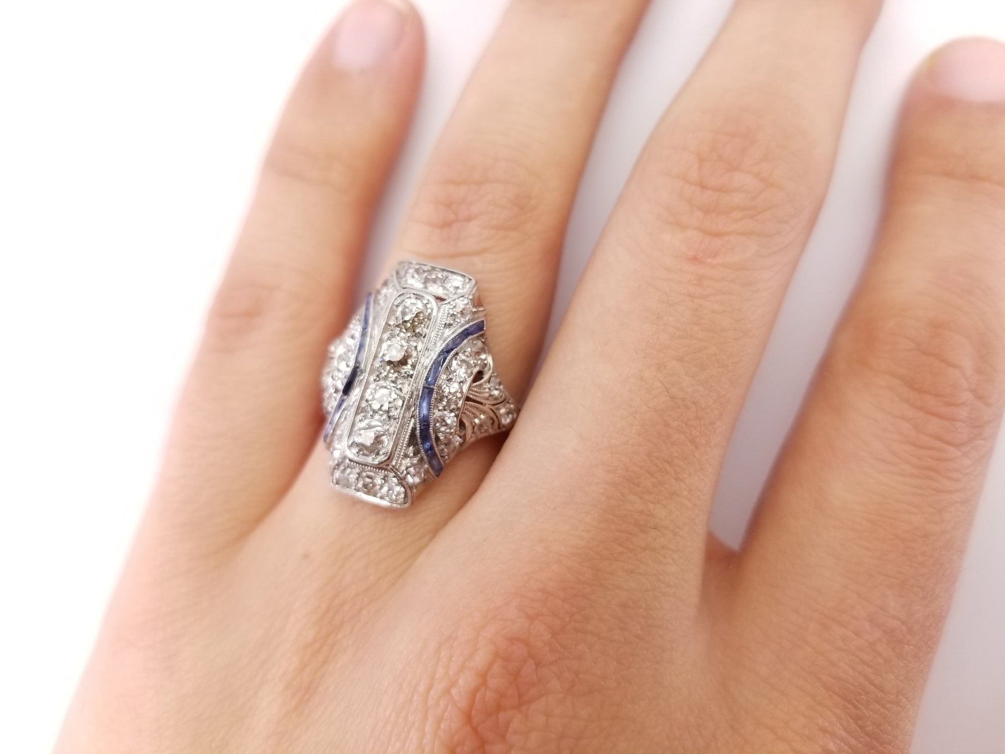 1.64CTW OLD EUROPEAN CUT DIAMOND AND SAPPHIRE DINNER RING - SinCityFinds Jewelry