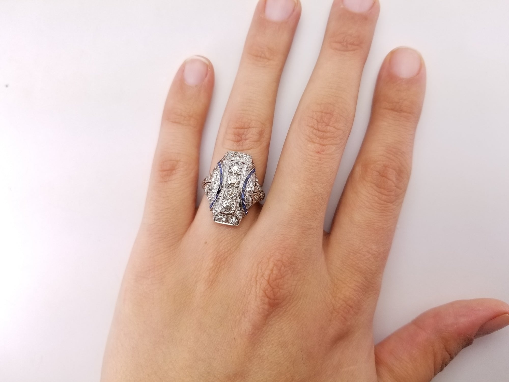 1.64CTW OLD EUROPEAN CUT DIAMOND AND SAPPHIRE DINNER RING - SinCityFinds Jewelry