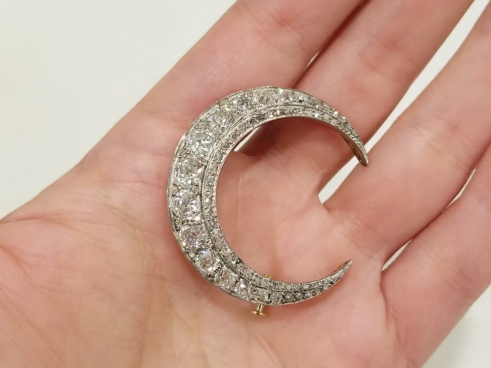 4CTW OLD MINE CUT AND ROSE CUT DIAMOND CRESCENT BROOCH